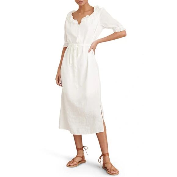 ALEX MILL 'Regan' White Linen Ruffle Collar Midi Dress with Belt MEDIUM - Picture 1 of 10